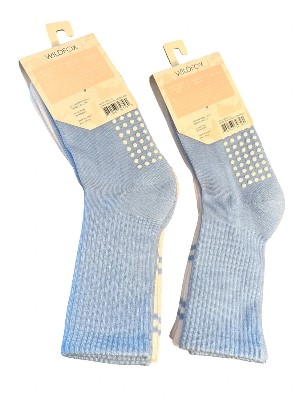 WILDFOX NWT 4 Pairs White Crew Grip Socks Lemon Embroidery & Light Blue Socks